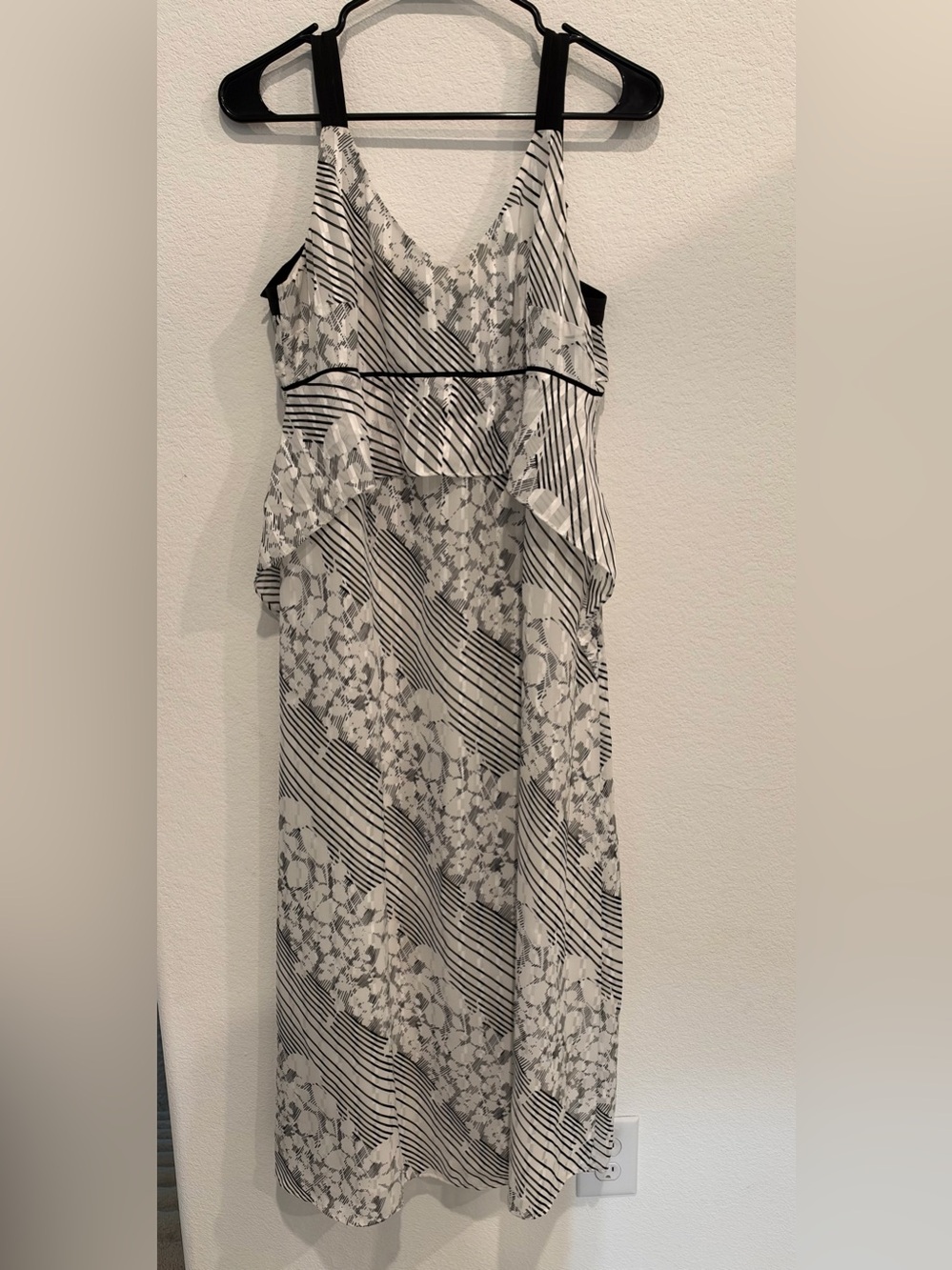 CAbi Black & White Floral-Stripe V-Neck Midi Dress